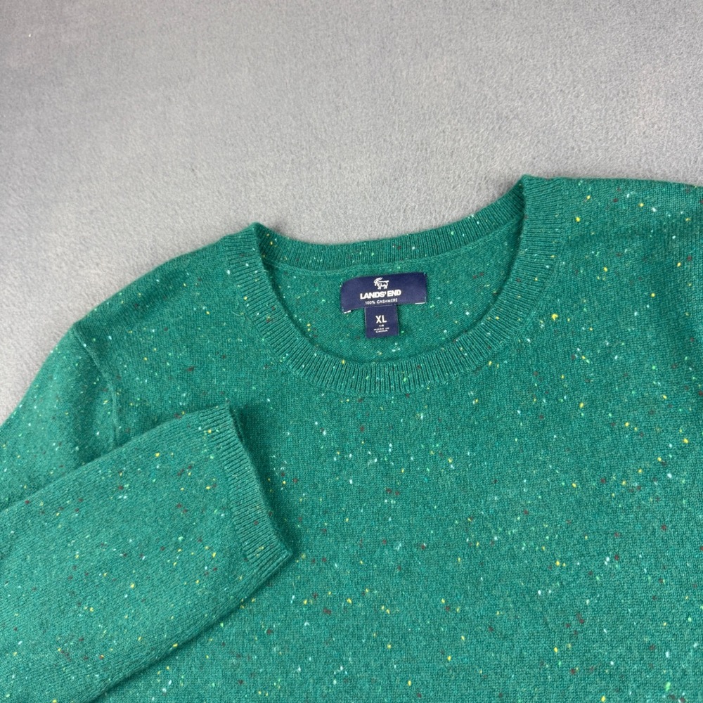 Lands End Sweater Women's XL Green 100% Cashmere Crewneck Speckled Knit Pullover